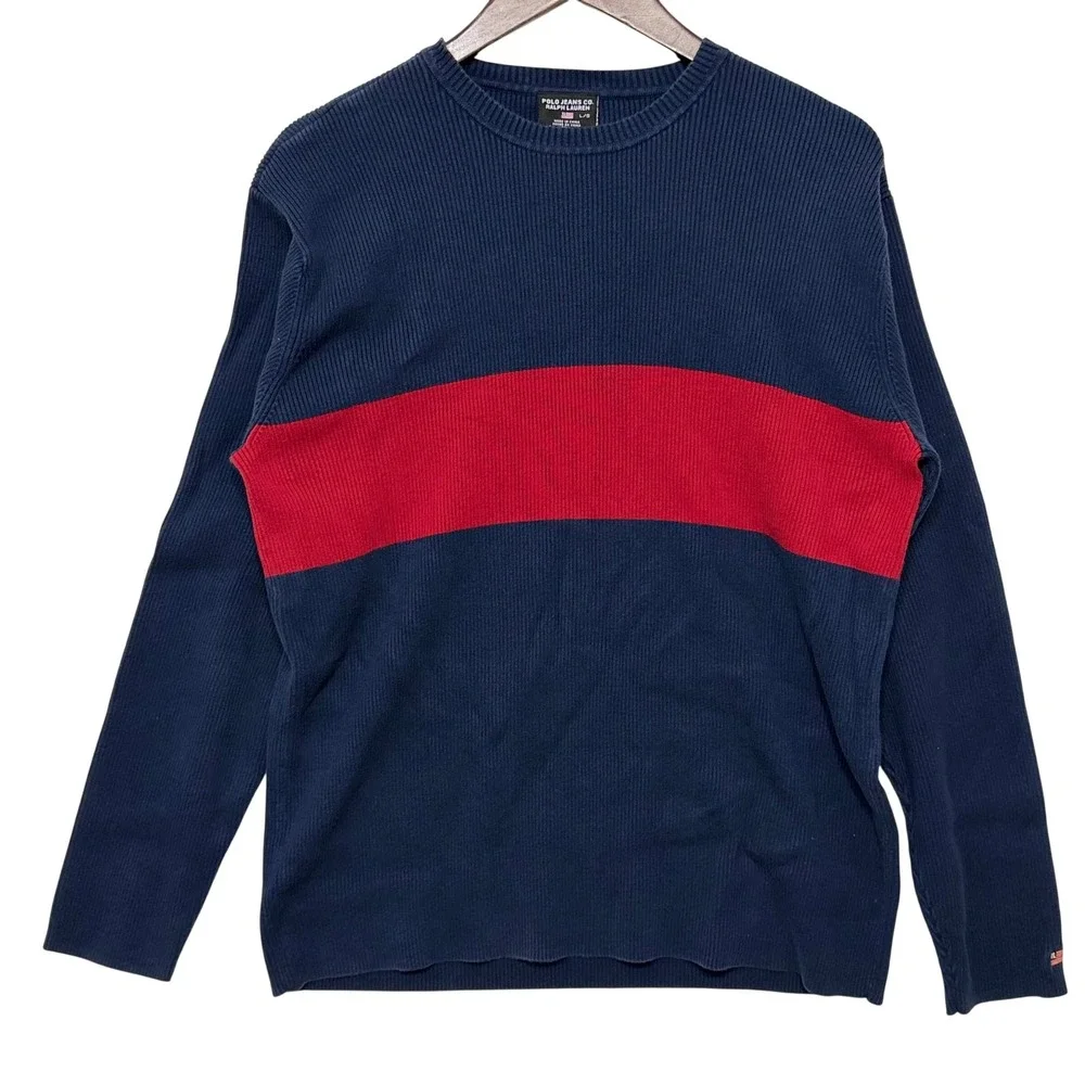 Polo Jeans Co Ralph Lauren Sweater Mens‎ L Blue Red Excellent Ribbed Cotton